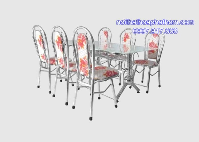 bộ bàn ghế inox mặt kính chân chữ T 6 ghế bo-ban-ghe-inox-mat-kinh-chan-chu-t-6-ghe